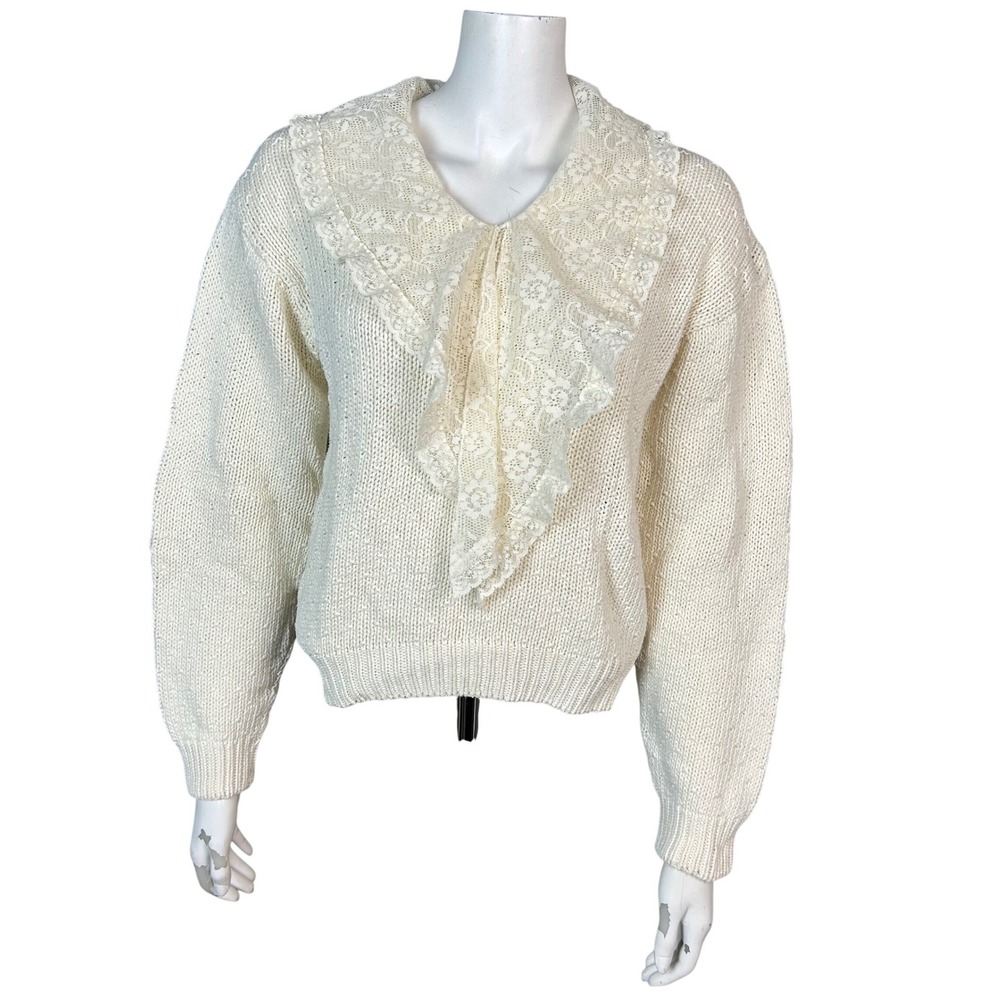 VTG Cottagecore Sweater Lace ruffle Medium Herman Geist Cotton Linen Victorian